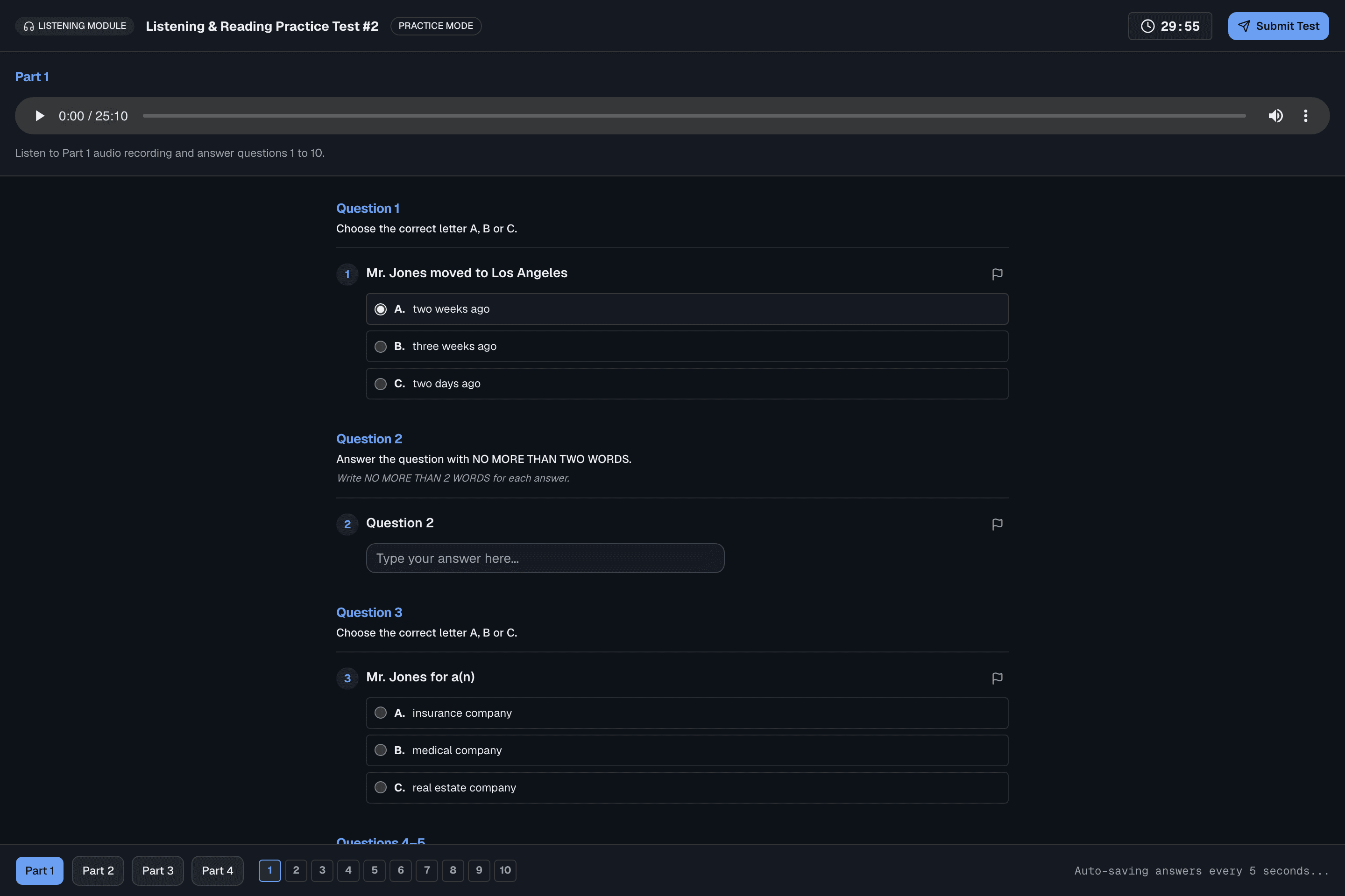 The IELTS Listening test runner: a sticky audio player above the current part's questions, with a part and question navigator.