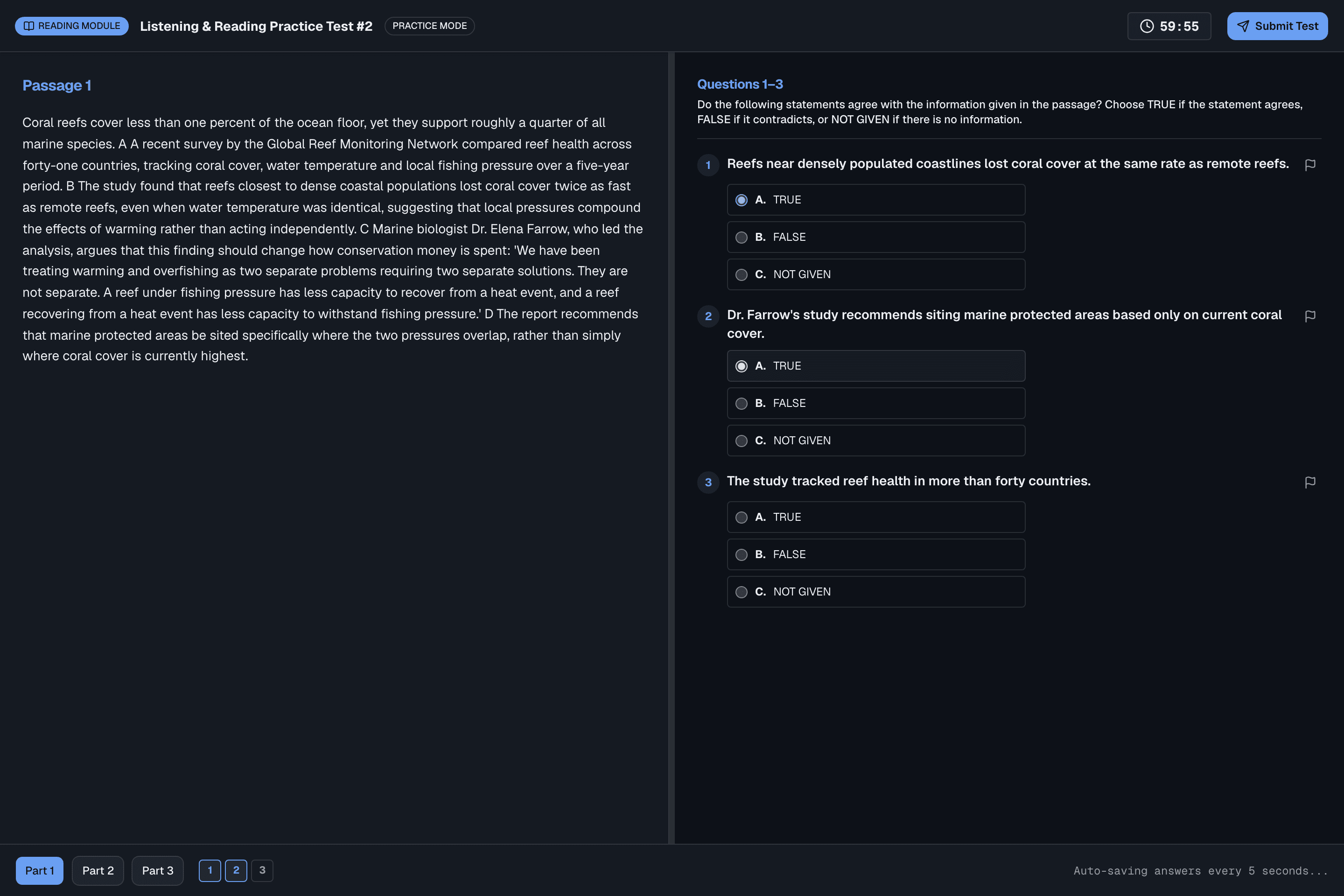 The IELTS Reading test runner: a resizable split-pane layout with the passage on the left and questions with a flag-for-review navigator on the right.