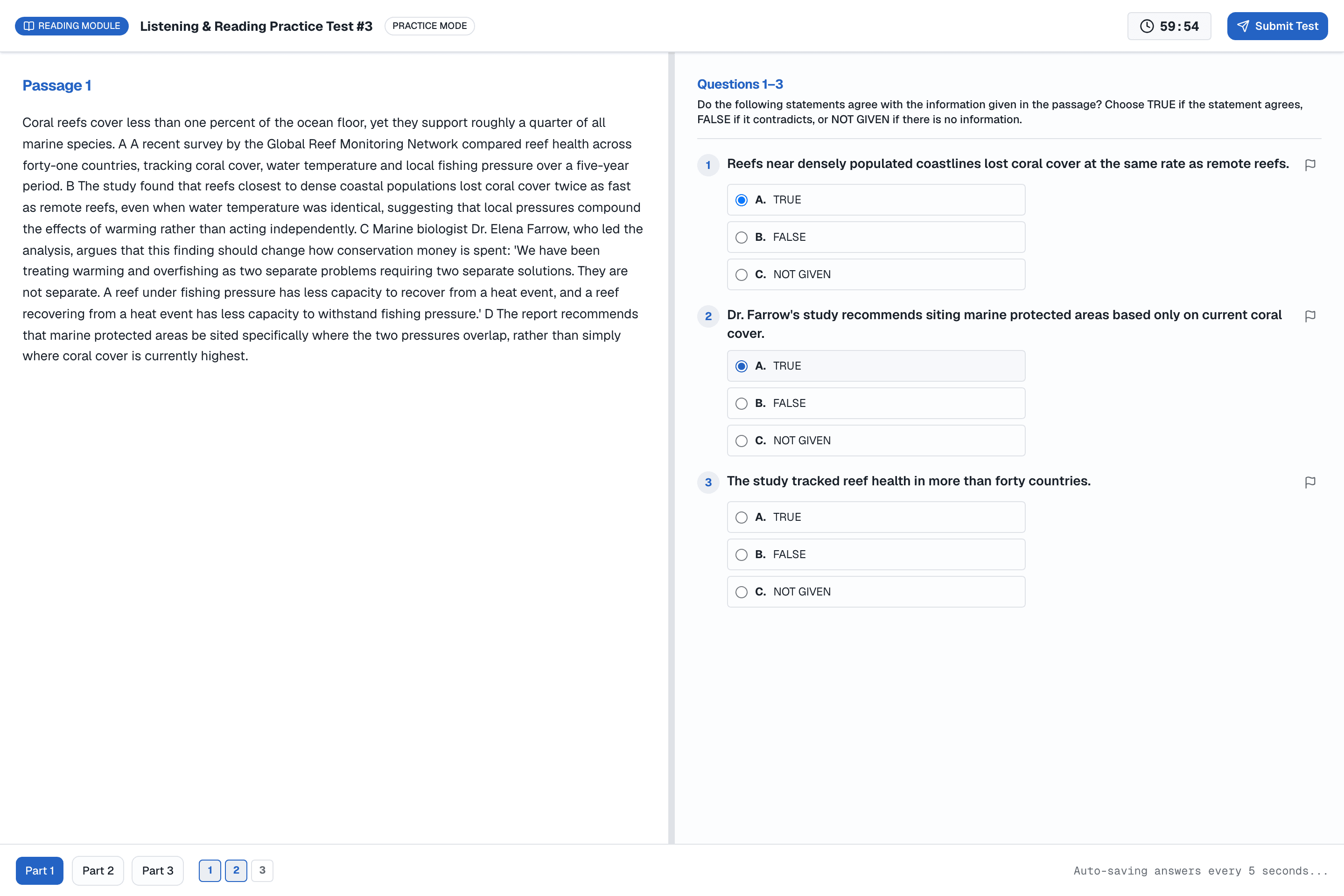 The IELTS Reading test runner: a resizable split-pane layout with the passage on the left and questions with a flag-for-review navigator on the right.