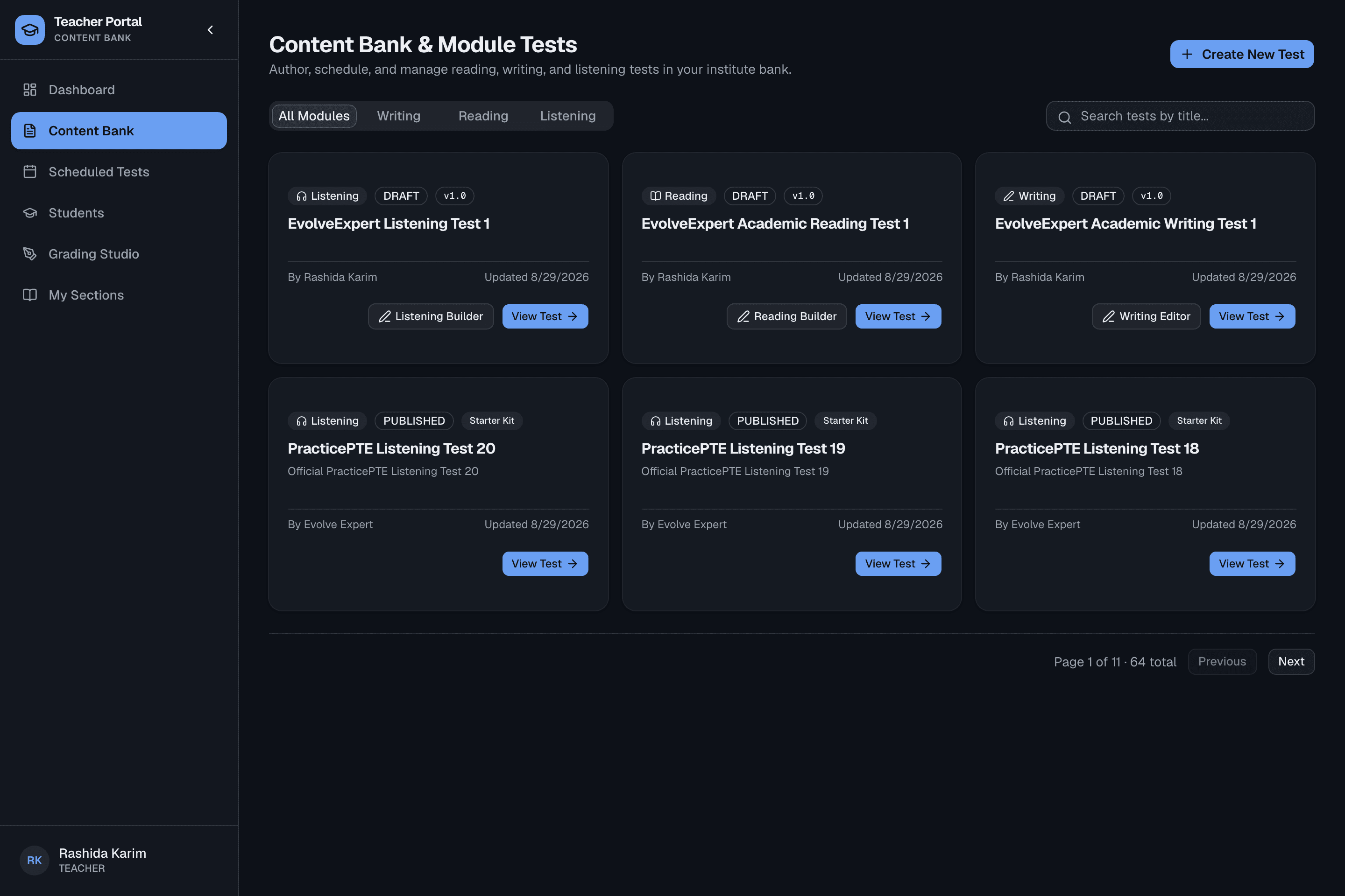 The institute's Content Bank: published Reading, Writing and Listening tests, searchable and filterable by module.