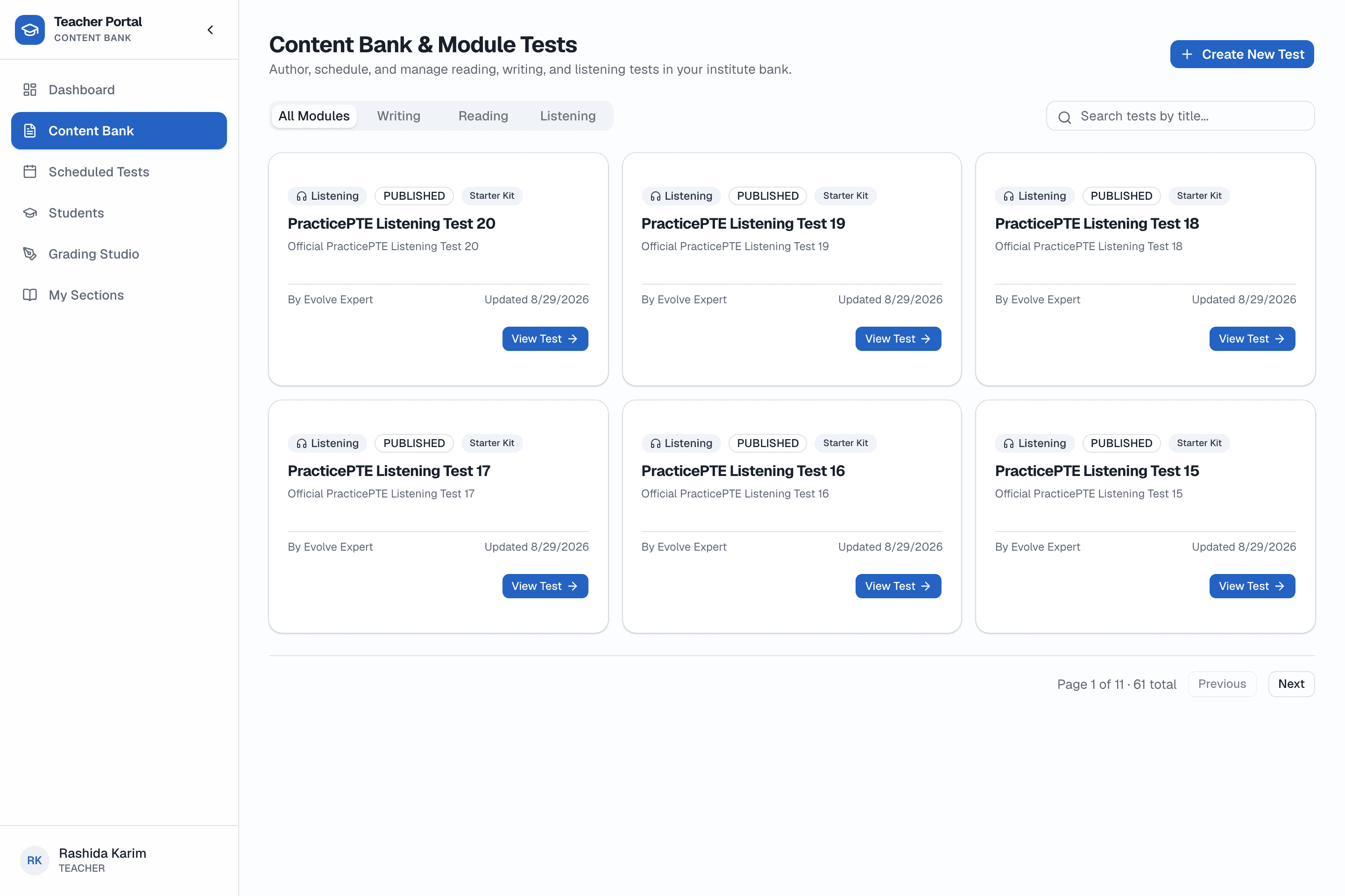 The institute's Content Bank: published Reading, Writing and Listening tests, searchable and filterable by module.