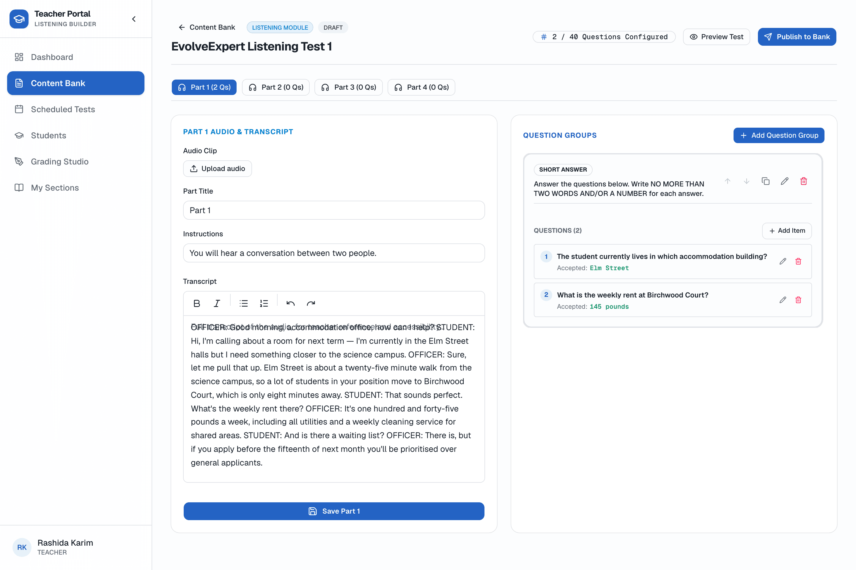 The Listening test builder: a part's transcript on the left, a Short Answer question group with accepted answers on the right.