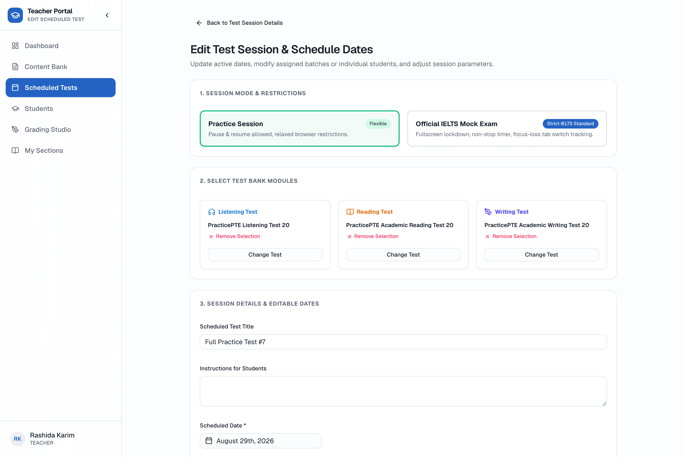 The test scheduler: choosing a session mode, the three module tests for the session, and the batch or students it's assigned to.