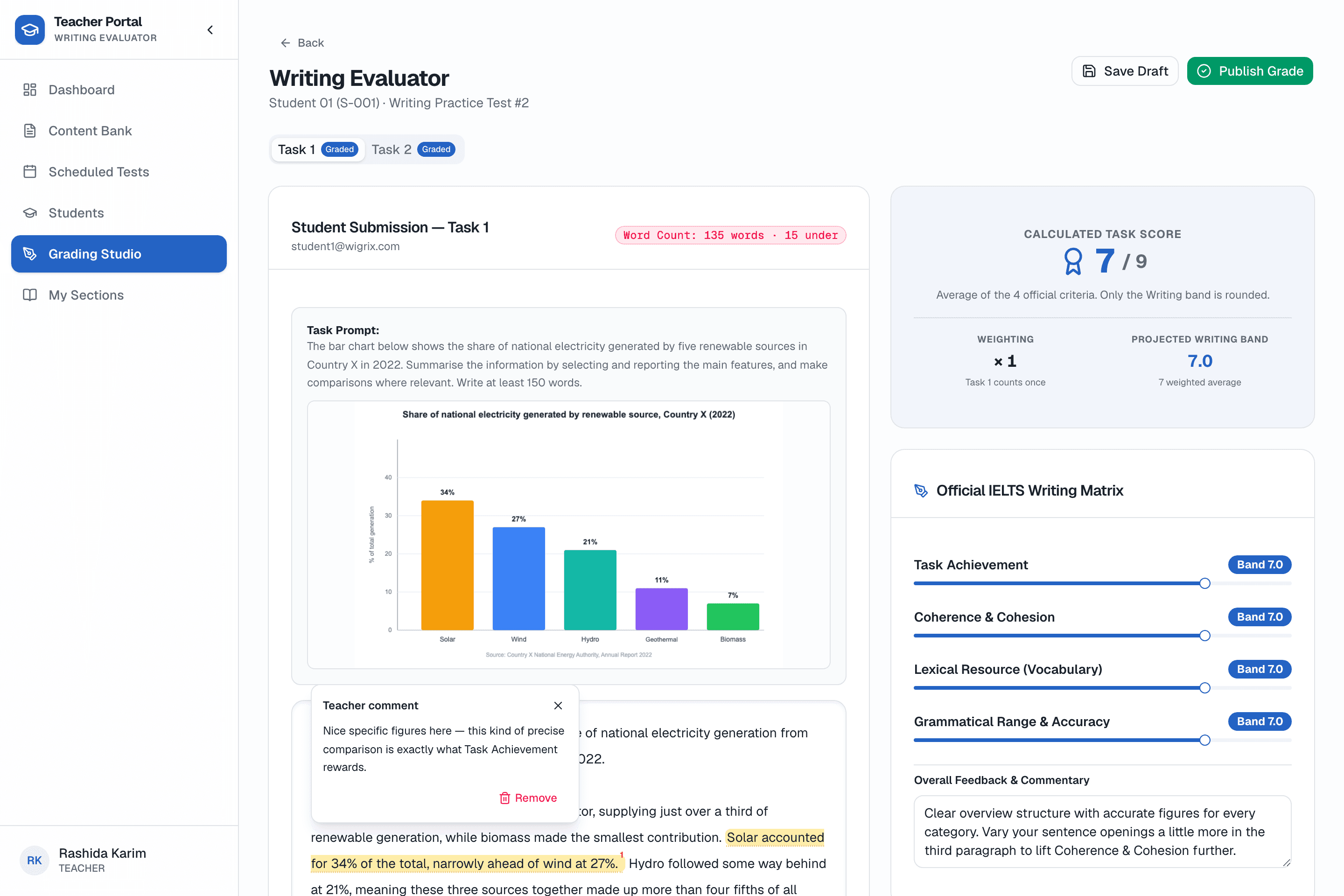 A teacher's inline comment anchored to a specific phrase in the essay: the selected words are highlighted and a popover shows the teacher's feedback, Google-Docs style.