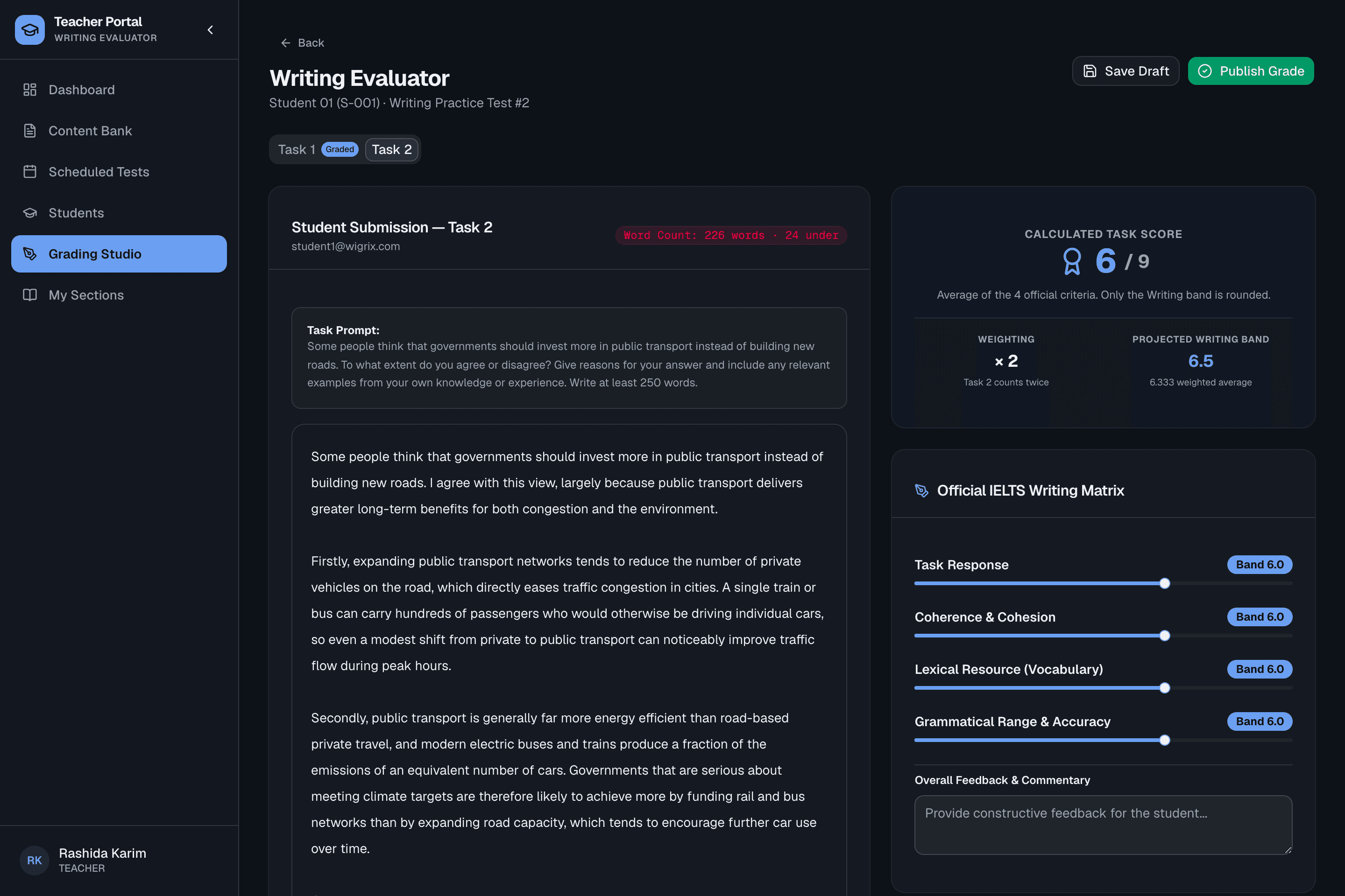 The Writing Evaluator on Task 2: the same rubric scoring a student's argumentative essay, with Task 1 shown already graded in its own tab.