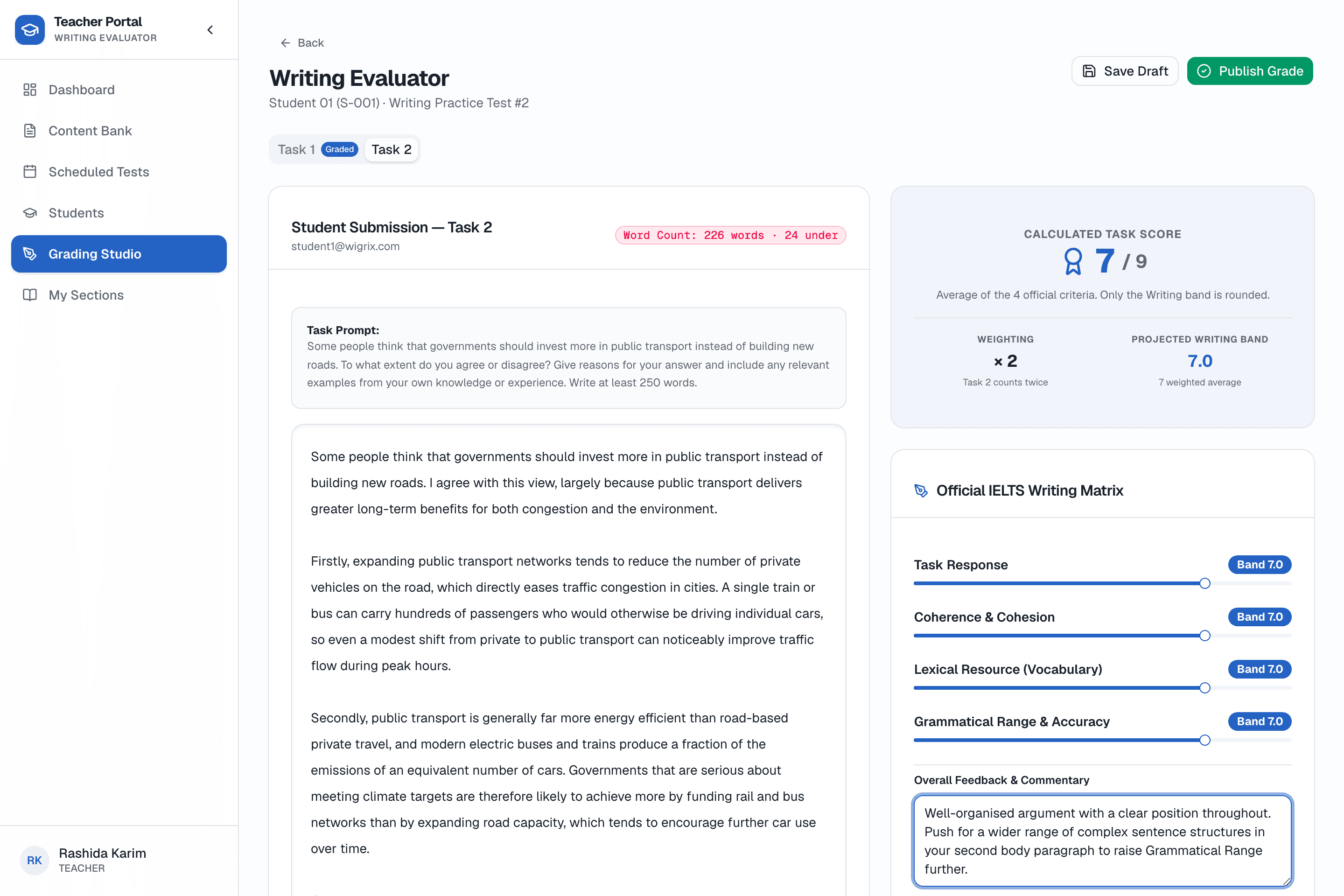The Writing Evaluator on Task 2: the same rubric scoring a student's argumentative essay, with Task 1 shown already graded in its own tab.