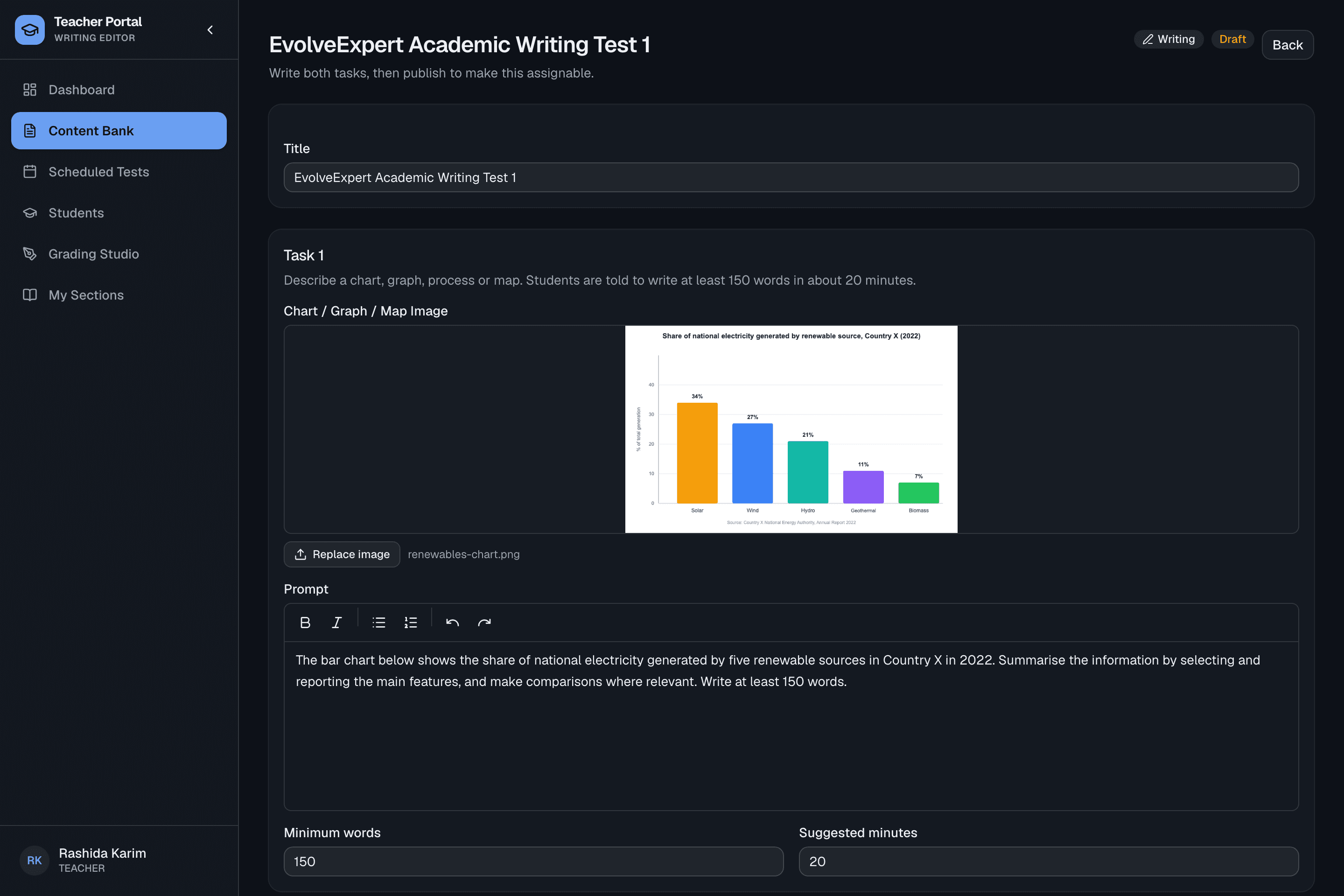 The Writing test builder: Task 1 and Task 2 prompts, minimum word counts and suggested timing, authored in a rich-text editor.