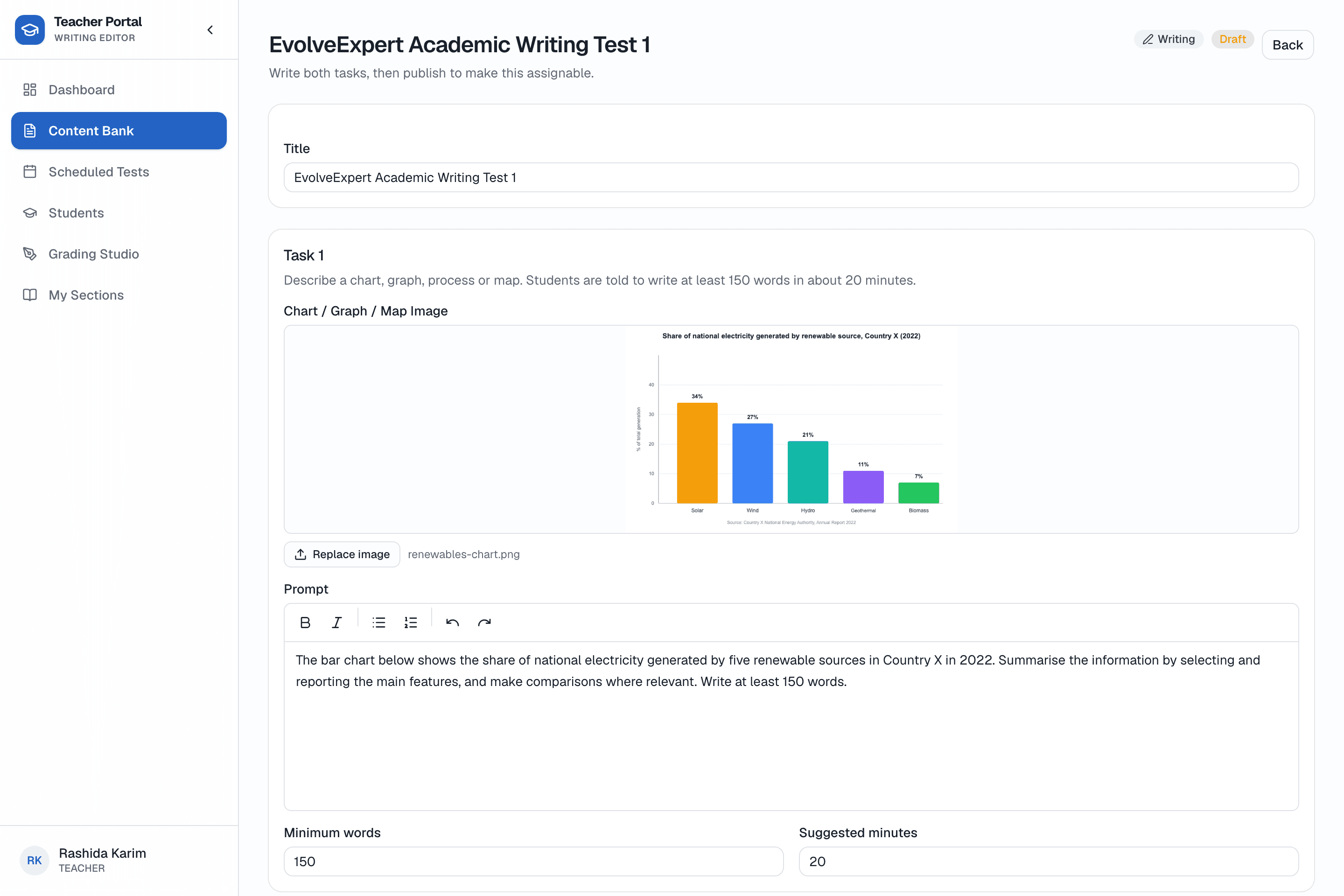 The Writing test builder: Task 1 and Task 2 prompts, minimum word counts and suggested timing, authored in a rich-text editor.